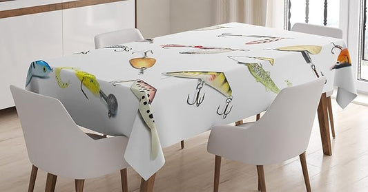Ambesonne Fishing Tablecloth, Hook Set Tool Equipment Hand Gathering Sports Hobby Nautical Theme Artwork, Rectangular Table Cover for Dining Room Kitchen Decor, 52" X 70", Orange