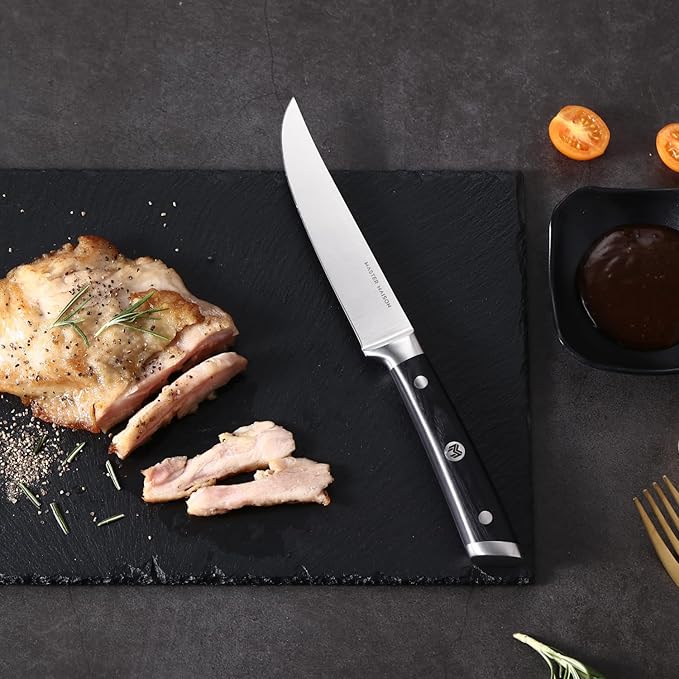 Master Maison 4-Piece 5" Ultra Premium Steak Knife Set | 4 German Non-Serrated Stainless Steel Kitchen Steak Knives + Wood Chef Gift Box | Anti-Fatigue Ergonomic Full-Tang Triple-Riveted Handle, Black