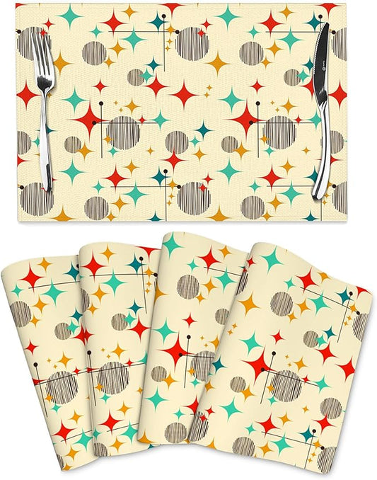 Mid Century Modern Atomic Retro Placemats Set of 4, Yellow Table Mats Heat Resistant Washable Placemat for Kitchen Dining Table Holiday Home Decor Linen Place Mats 12x18 Inch