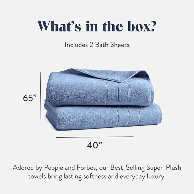 Brooklinen Super-Plush Turkish Cotton Bath Sheets - Set of 2 - Cotton, 820 GSM, Highly Absorbent, Machine Washable, Perfect for Home & Bathroom (40" x 65", Ocean Blue)