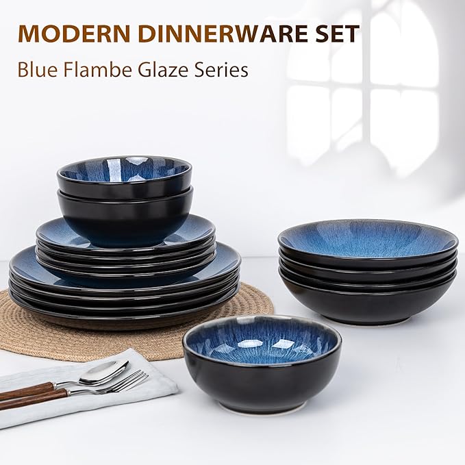 Plates and Bowls Sets for 4 - CJDC-QUELO 12-Piece Stoneware Dinnerware Sets, Ceramic Dishware Set for Kitchen Use and Formal Dining, Chip and Scratch Resistant Microwave Dishwasher Safe, Blue