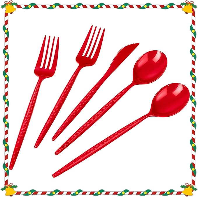 LIYH 150 Pcs Red Plastic Cutlery Sets - Red Christmas Plastic Christmas Silverware Heavyduty, Disposable Utensil Sets, 50 of Each Forks, Knives & Spoons Flatware Set for Party Birthday Xmas Day