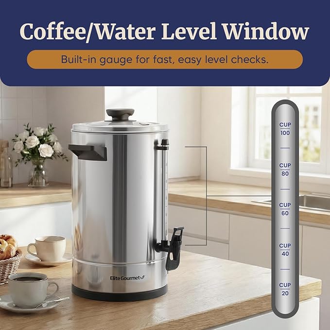 Elite Gourmet 100-Cup Commercial Coffee Urn/Water Boiler, Dual Wall Insulated, Fast Brew 1 Cup/Min, Dual Indicator Lights, Keep Warm, Dripless Faucet, Stainless-Steel