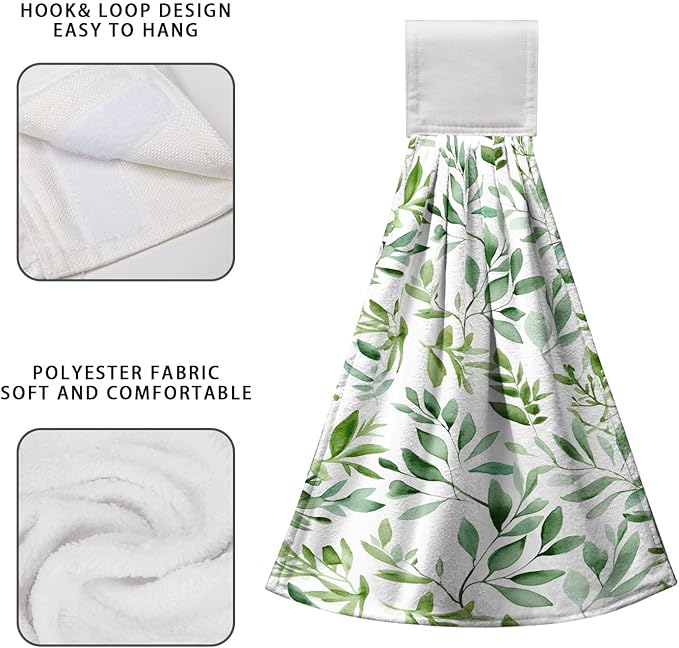 Spring Green Leaves Hanging Hand Towels Watercolor Eucalyptus Leaf Tie Towel Summer Hanging Dish Towels Absorbent Washable Kitchen Towel with Loop for Bathroom Kitchen