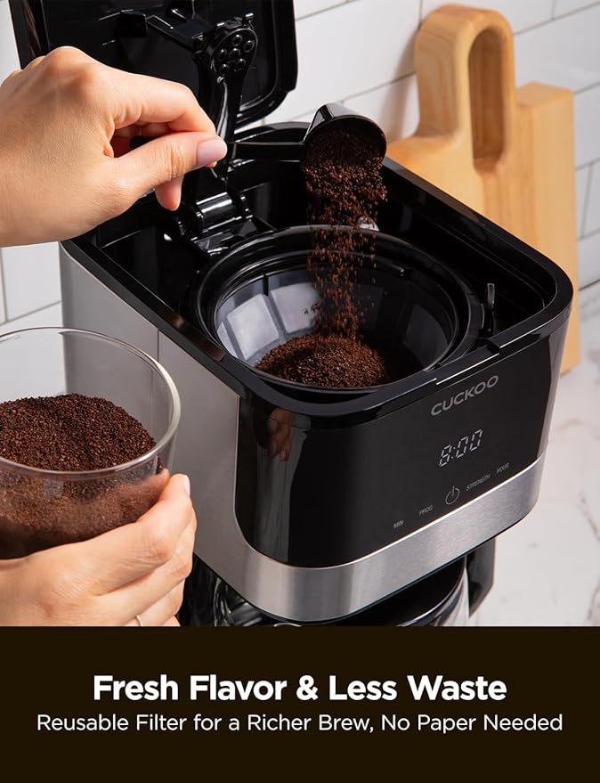 CUCKOO Classic 10-Cup Drip Coffee Maker, Easy To Use Coffee Machine with Programmable Timer, Includes Glass Coffee Pot with Two Brew Strength Settings and Reusable Mesh Filter (CCM-BD011B)