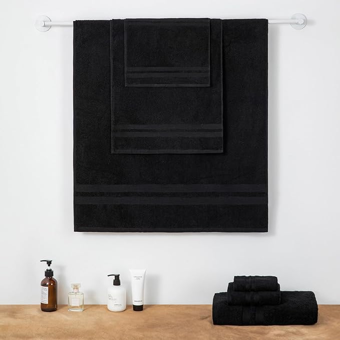 SEMAXE Solid 6-Piece Towel Set, Black, 600GSM 100% Cotton, 2 Each of Bath Towel, Hand Towel, and Washcloths, Gift Box Packaging, Hanging Loop Design