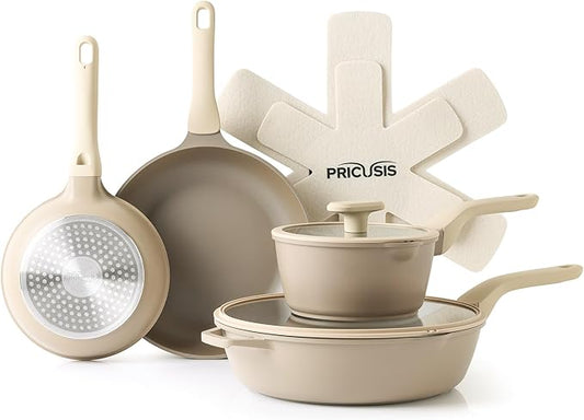 PRICUSIS Nonstick Pots and Pans Set, 9 Pieces Cookware, Omelete/Egg Skillet, Healthy Nonstick Frying Pan, PFOA Free, Induction Compatible, Honey Blush