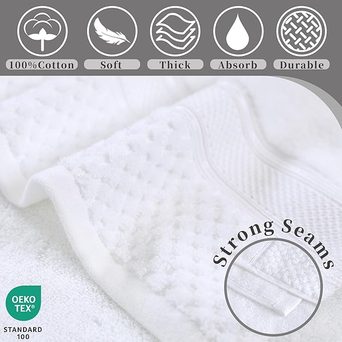 VOOVA & MOVAS Luxury Hotel-Grade Washcloths 6PC (12"X12",580GSM)- 100% Cotton, Ultra-Soft & Highly Absorbent, Long-Lasting Durability, Body and Face Wash Cloths, Face Towels for Bathroom,Solid White