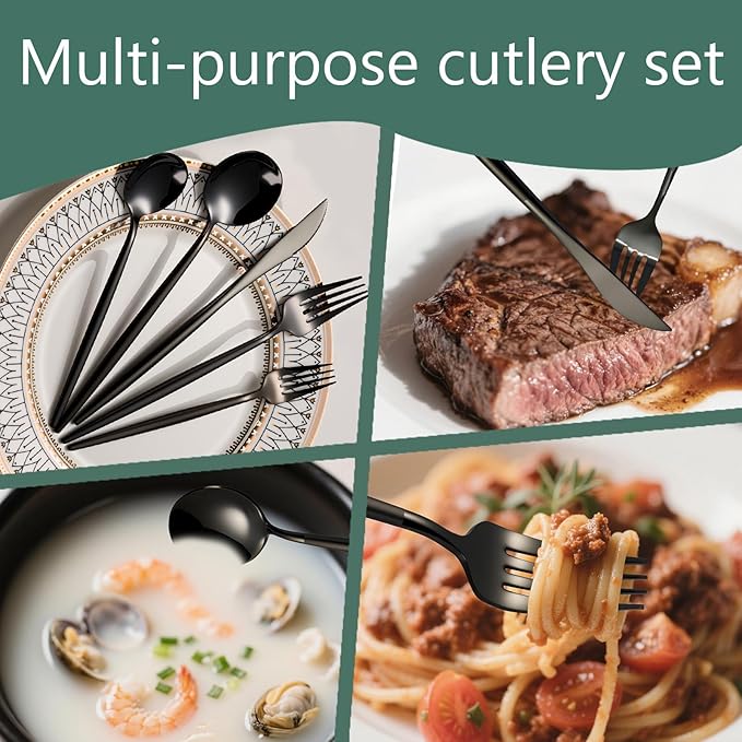 Modern Black silverware Set,Premium 18/10 Stainless Steel,Heavy duty,Sturdy,Sharp Practical steak knives,Matte Black Handle,Mirror Polished Finish,Kitchen Essential, (black)