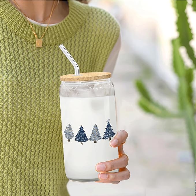 Blue Christmas Tree gifts Glass Coffee Cup With Lid And Straws 14oz - Merry Christmas Drinking Jar Gift For Women Kids Men,Glass Cup For Blue Xmas Decor