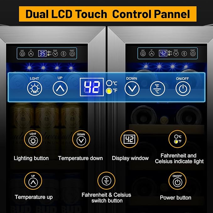 Wine and Beverage Refrigerator, 24 Inch Beverage Cooler Dual Zone with Glass Door, Built-in/Freestanding Beverage Fridge with Upgraded 20 Bottles and 90 Cans Large Capacity