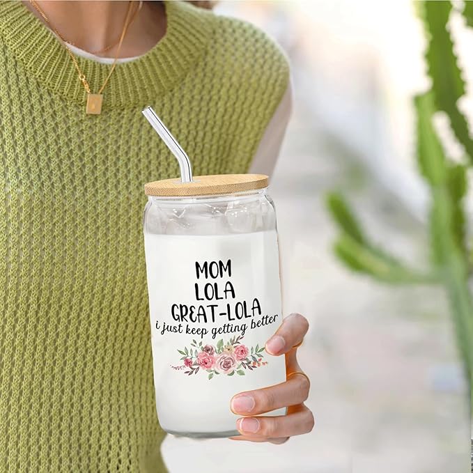 Christmas Grandma Gifts For Grandma Mom Lola Great Lola Glass Coffee Cup With Lid And Straws 14oz - christmas Glass Cup gifts For Grandmother