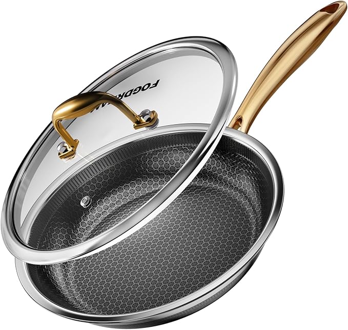 Fogdream 10” Stainless Steel Pan, Non Stick Frying Skillet with Lid, Tri-Ply Stainless Steel for All Cooktops, Dishwasher and Oven-Safe Cooking Pan, Stay-Cool Handle, Gold