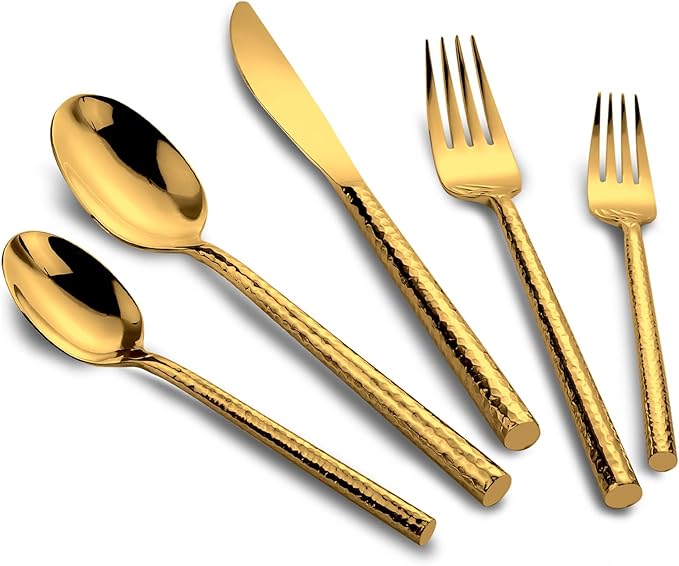 18/10 Stainless Steel Flatware Set Hand Forged Silverware Set Cutlery Set Shiny Gold Round Hammered Handle Mirror Finished 20 Pieces Service for 4