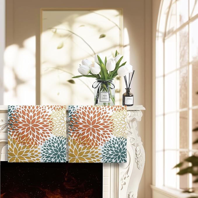 Dahlia Floral Hand Towel Set of 2 Orange and Yellow Teal Flower Kitchen Dish Towels Green Tea Towel Soft Washcloths Towel Set for Bathroom Gym Hotel Spa 28.3 x 14.4 Inch