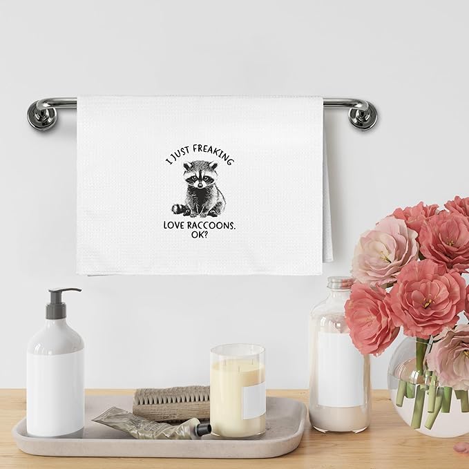 Funny Raccoon Kitchen Towels Gifts for Women, Woodsy Animals Raccoon Bathroom Decor, Cute I Just Freaking Love Raccoons Decor Dish Hand Tea Towels for Bathroom Kitchen, 16x24 Inches