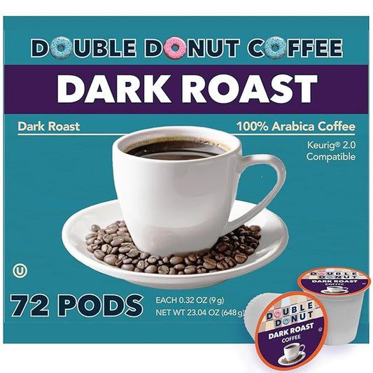 Double Donut Coffee Extra Bold Blend Dark Roast Coffee Pods, Dark Roast Coffee, Compatible with Keurig K Cups Brewers, 72 Count