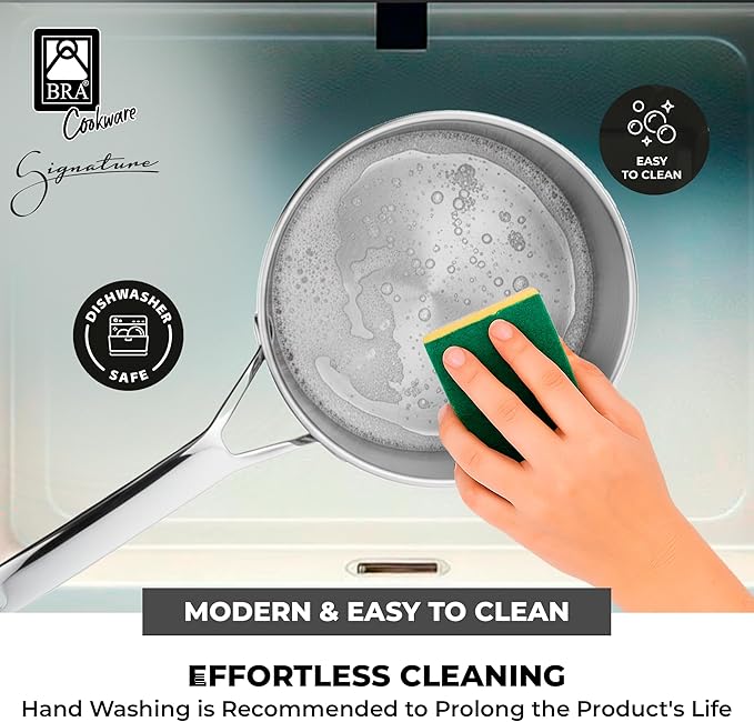 BRA COOKWARE Signature Stainless Steel Sauce Pot w/Glass Lid | 7 Inch 1.4 Quart Professional Grade Saucepan | PFOA Free Warming Pot | All Cooktops | All Cooktops (incl. Induction) & Oven Safe