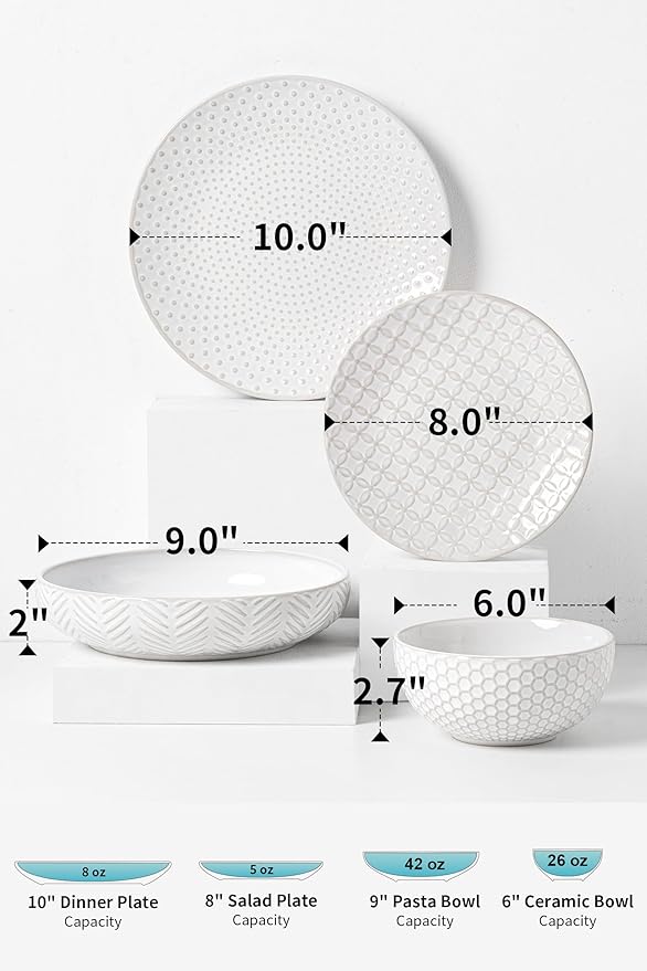 16-Piece Ceramic Plates and Bowls Set,Dual Bowl Dish Set with Dinner & Pasta Bowls，Elegant Embossed Dinnerware for Modern Homes,for Microwave & Dishwasher Safe
