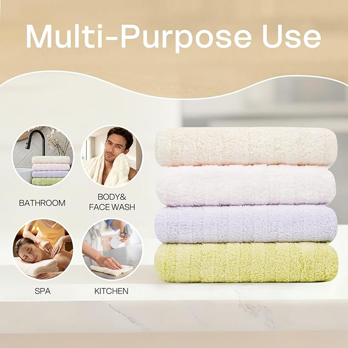 Vie Triomphe Facial Towels Washcloth (Green+Pink+Purple+Yellow) Luxury Hand Towels for Bathroom,100% Cotton Quick Dry Absorbent Soft Hand Towel Set 13.38 * 31.49 Inch Wash Clothes;