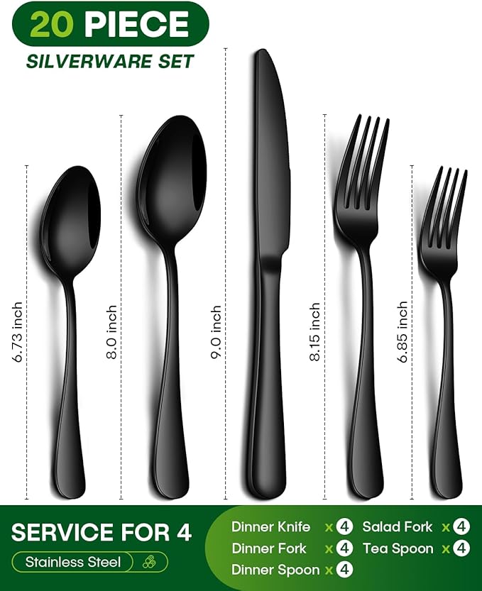 20 Piece Black Silverware Set, Stainless Steel Flatware Set for 4 Food Grade Cutlery Utensil Set Include Knife Fork Spoon Mirror Polished Dishwasher Safe