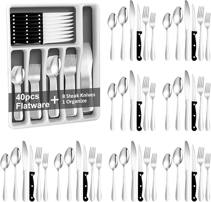 49Pcs Silverware Set with Organizer, Silver Stainless Steel Flatware Set for 8 Cutlery Utensil Sets with Steak Knives, Spoons and Forks Set, Dishwasher Safe