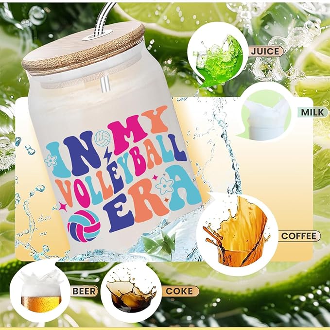 Volleyball Gifts for Teen Girls, Iced Coffee Cup, Volleyball Party Favors, 16 oz Glass Cups with Lids Straws, Volleyball Stuff, Christmas Gifts for Women Mom Coach Players Teams Volleyball Accessories