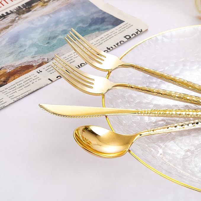 Rubtlamp 180 Pcs Gold Plastic Silverware - Disposable Plastic Utensils - Hammered Plastic Forks And Spoons - Gold Plastic Cutlery Set Include 60 Forks, 60 Knives And 60 Spoons for Party