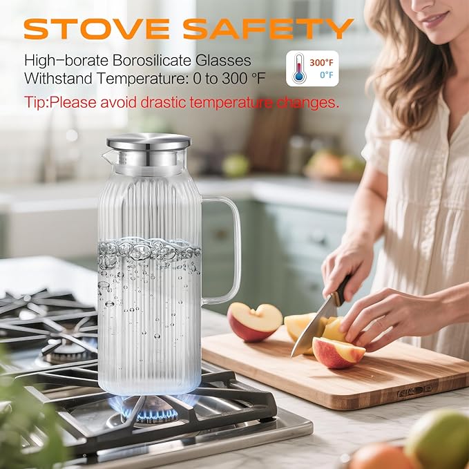 2 Liters/68oz 2 Pack Stripes Glass Pitcher with Lid and Handle for Fridge Door, Aofmee Borosilicate Glass Heat Resistant Dishwasher Safe Iced Tea Jar, Carafe with Scale Line for Hot/Cold Beverage