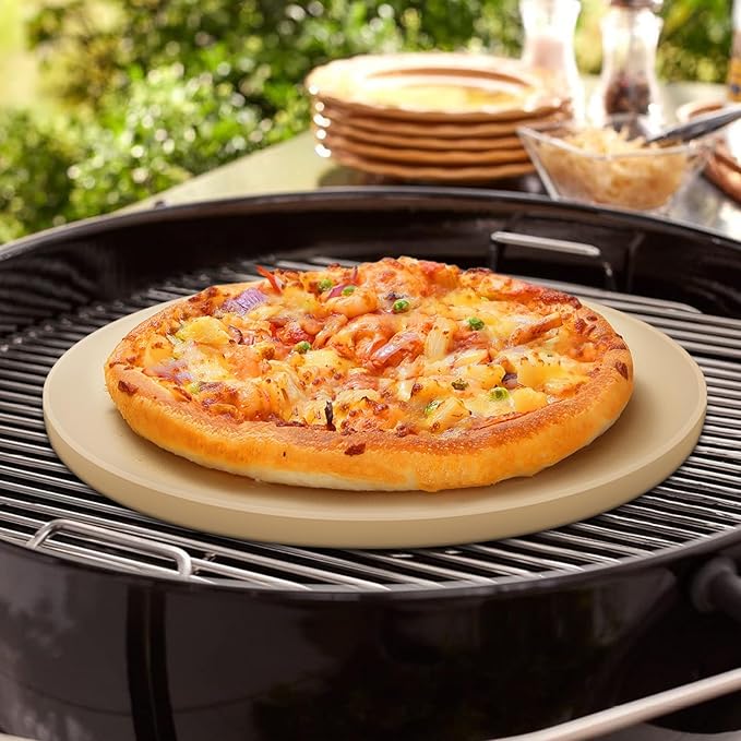 Unicook Pizza Stone for Grill Oven, 15 Inch Round Baking Stone, Heavy Duty Cordierite Bread Cooking Pan, Thermal Shock Resistant, Ideal for Making Crisp Crust Pizza, Bread and More, Includes Scraper