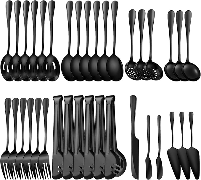 36-Piece Stainless Steel Serving Utensil Set – Complete Buffet Essentials with Spoons, Forks, Tongs, Ladle & More. Perfect for Wedding, Holiday, Catering, and Family Gatherings (Black)