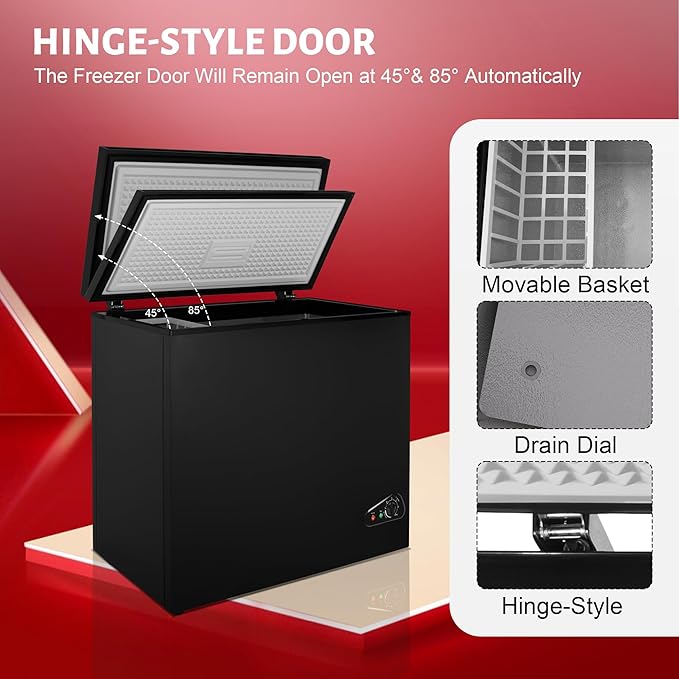 Chest Freezer 5.0 cu ft, Mini Deep Freezer with Removable Basket, FreeStanding Compact Small Freezer, Adjustable 6 Thermostat, Quiet Small Deep Freezer Top Open Door for Dorm/Home(Black)