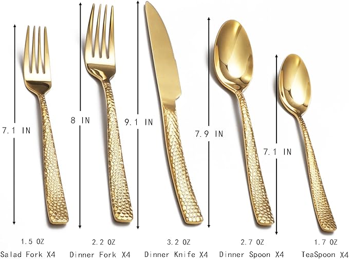 Gold Hammered Silverware Set, 20 Piece Stainless Steel Flatware Set for 4, Food-Grade Tableware Cutlery Set for Home Restaurant, Mirror Polished, Dishwasher Safe