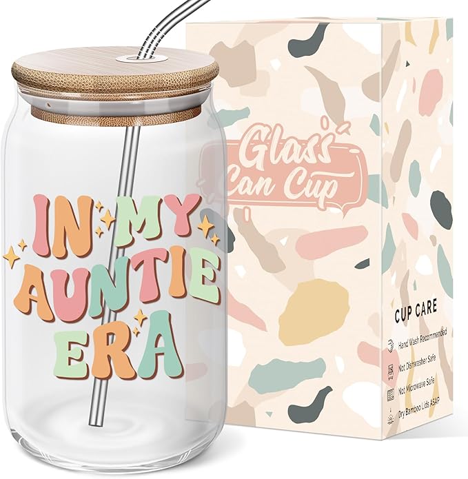 Christmas Day Gifts for Auntie from Niece - Mother’s Day Birthday Gifts for New Auntie, To Be Auntie, Aunt Announcement, Promoted To Aunt - 16 Oz Can Coffee Glass