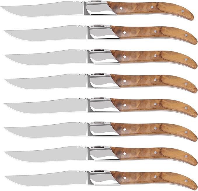 Laguiole Style Steak Knife Set of 8, Non-serrated Steak Knife Set with Olive Wood Handle, Sharp Stainless Steel Steak Knives with Gift Box, Dinner Cutlery Set for Home Party