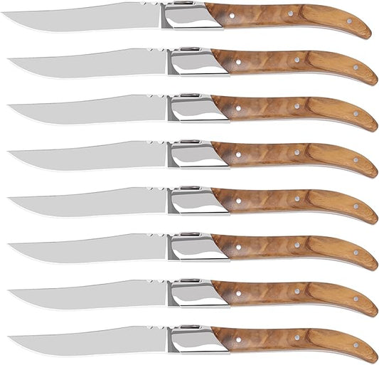 Laguiole Style Steak Knife Set of 8, Non-serrated Steak Knife Set with Olive Wood Handle, Sharp Stainless Steel Steak Knives with Gift Box, Dinner Cutlery Set for Home Party