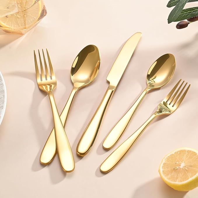 20-Piece Gold Silverware Set, Flatware Set for 4, Food-Grade Stainless Steel Tableware Cutlery Set, Mirror Finished Utensil Sets for Home Restaurant, Forks Spoons and Knives Set, Dishwasher Safe