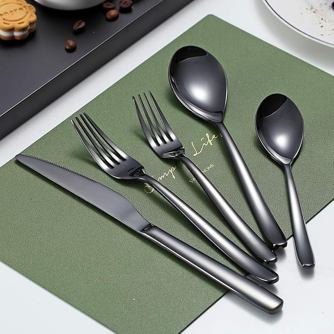 Stainless Steel Black Flatware Set - 20 Piece Service for 4, Titanium Plated Cutlery with Shiny Black Finish