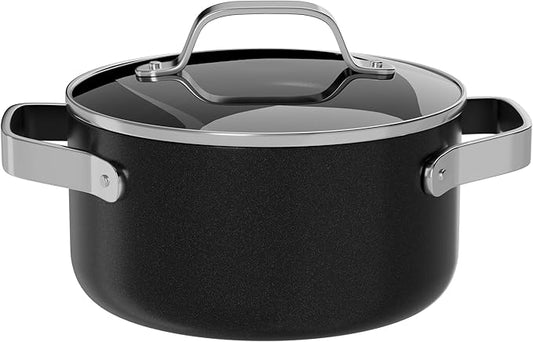 Bakken 3 Quart Ceramic Coated Stock Pot with Lid, Easy to Clean Nonstick Pot, Tempered Glass Lid, Riveted Stainless Steel Handles, Oven Safe Up To 500°F, PTFE & PFAS Free, All Stove Compatible, Black