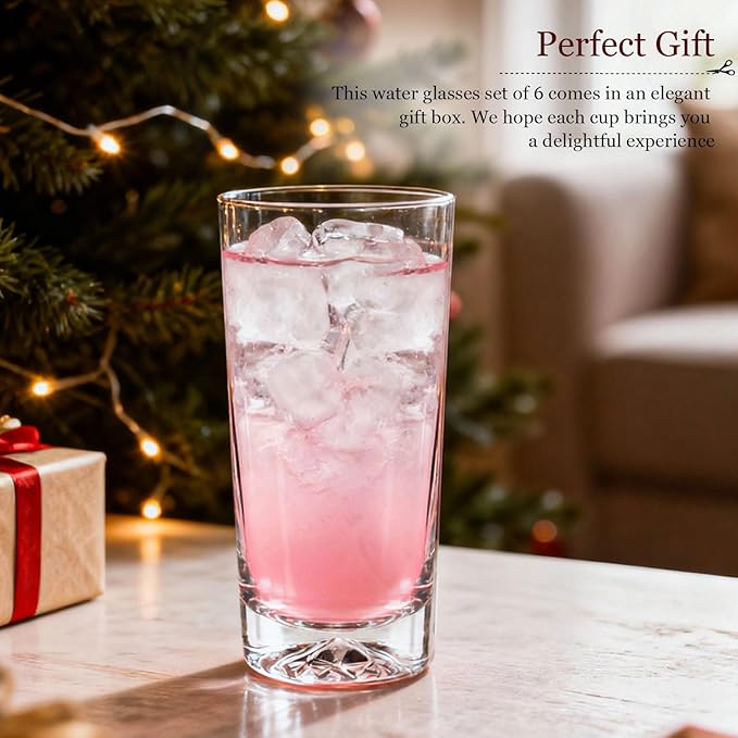 Drinking Glasses Set of 6, 16oz Glass Cups with Wide Mouth Design,Water Glasses for Bar Glassware, Premium Tall Glasses Drinking Set for Water, Beer, Juice and Cocktail, Unique Christmas Gifts