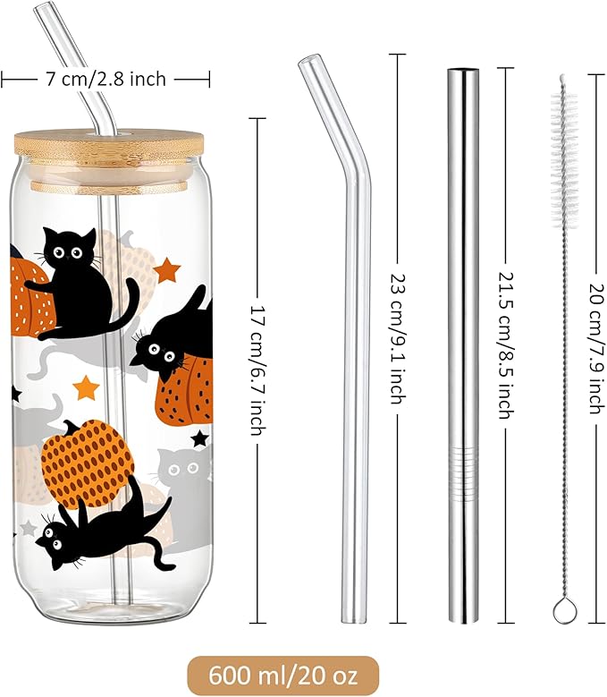Joeyan Halloween Glass Cups with Lids and Straws,20 oz Pumpkin and Black Cat Iced Coffee Tumbler,Cute Funny Can Shaped Beer Drinking Glasses,Holiday Gifts for Women Mom Friend Teen