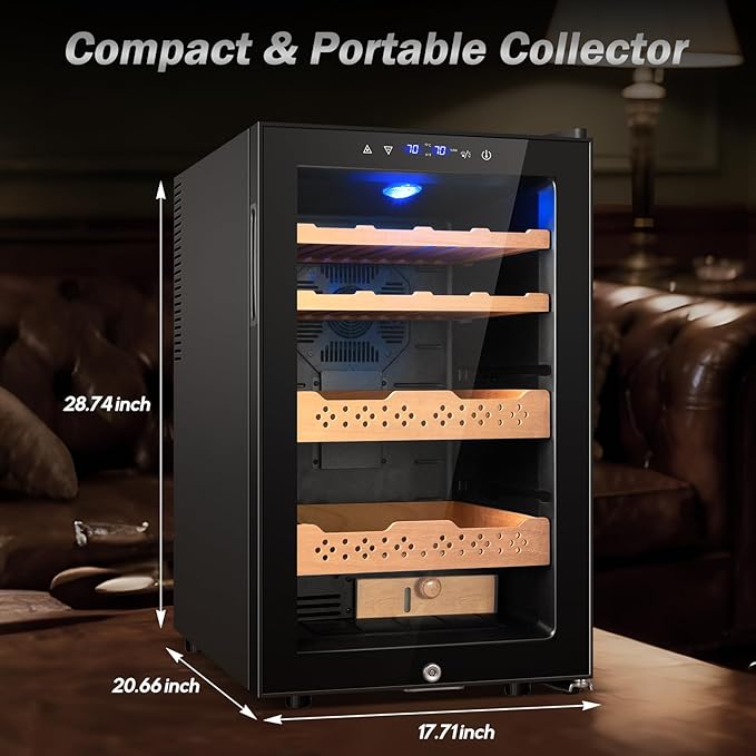 Electric Humidor-70L Cooling & Heating Humidor, Smart Touch Control Humidity & Temp, Humidors wtih Spanish Cedar Wood Tray, Digital Display, Safety Lock, Desktop Gift for Men