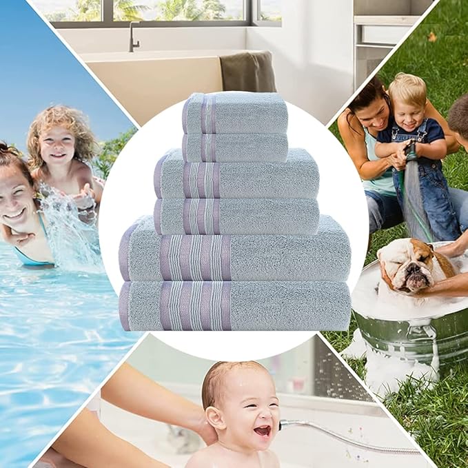 CASA COPENHAGEN Zero Twist, 6 Pieces Set 100% Cotton 0" Twist Towel Set- Grey Violet, 600 GSM, 2 Bath, 2 Hand, 2 Washcloths Made from Egyptian Cotton, Ultra Soft Luxury Towels for Bathroom