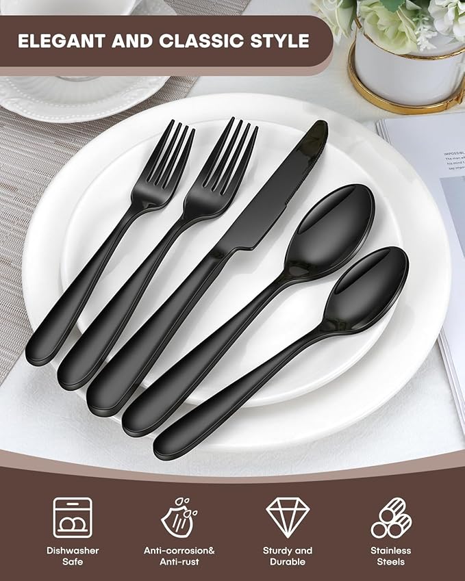 Black Silverware Set for 12, Ollex 60-Piece Black Flatware Set Include Forks Spoons and Knives Stainless Steel Eating Utensils Sets Mirror Finish Tableware Kitchen Cutlery Sets, Dishwasher Safe