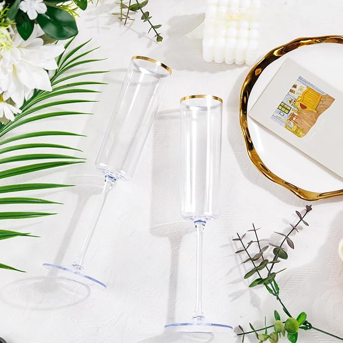 Ciaell 24 Pack Plastic Champagne Flutes - 6Oz Gold Rim Disposable Champagne Glasses - Square Clear Plastic Toasting Glasses for Party Birthday Anniversary Wedding Christmas