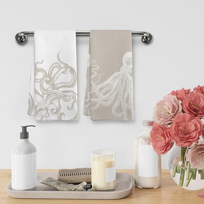 Coastal Beige Octopus Beach Decor Dish Hand Tea Towels for Bathroom Kitchen, Girly Octopus Ocean Nautical Beachy Bathroom Decor, Coastal Kitchen Towels and Dishcloths Sets of 2, 16x24 Inch