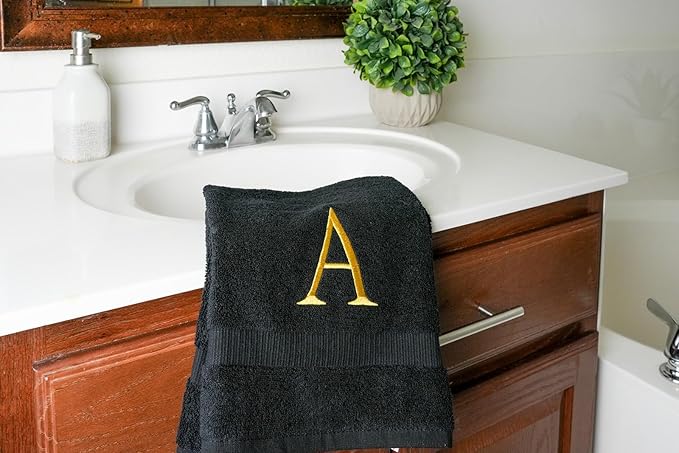 Black Monogrammed Hand Towels for Bathroom- Black and Gold Luxury Hotel Quality Personalized Initial Decorative Embroidered for Powder Room, Spa-GOTS Organic Certified - Pack of 2, Letter A