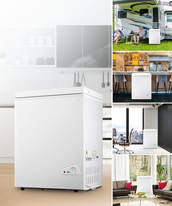 Chest Freezer, Deep Freezer 5 Cubic Feet with Removable Baskets & 6 Adjustable Temperature & Top Open Door, White Mini Deep Freezer Compact Freezer Suitable for Apartments(Down to -18°F)