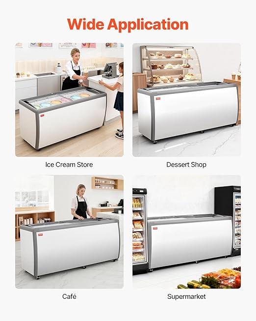 VEVOR Commercial Ice Cream Display Case, 20 Cu.ft Chest Freezer, Restaurant Gelato Dipping Cabinet Top Deep Freezer with Locking Casters, Sliding Glass Door, LED Lighting, Hold 12 Ice Cream Tubs