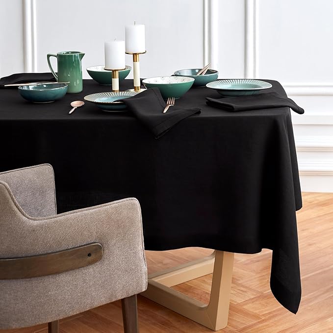 Solino Home Linen Black Tablecloth 70 x 132 Inch - 100% Pure Linen Rectangular Tablecloth - Machine Washable Table Cloth for New Year - Sonoma
